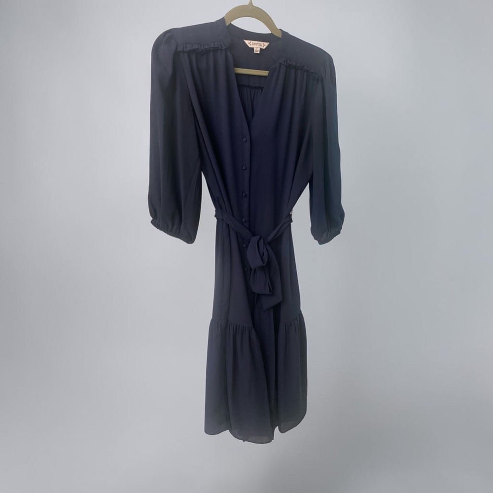 Lepore Women's Navy Tie Waist Midi Dress Size 10 Long Sleeve Ruffle Trim